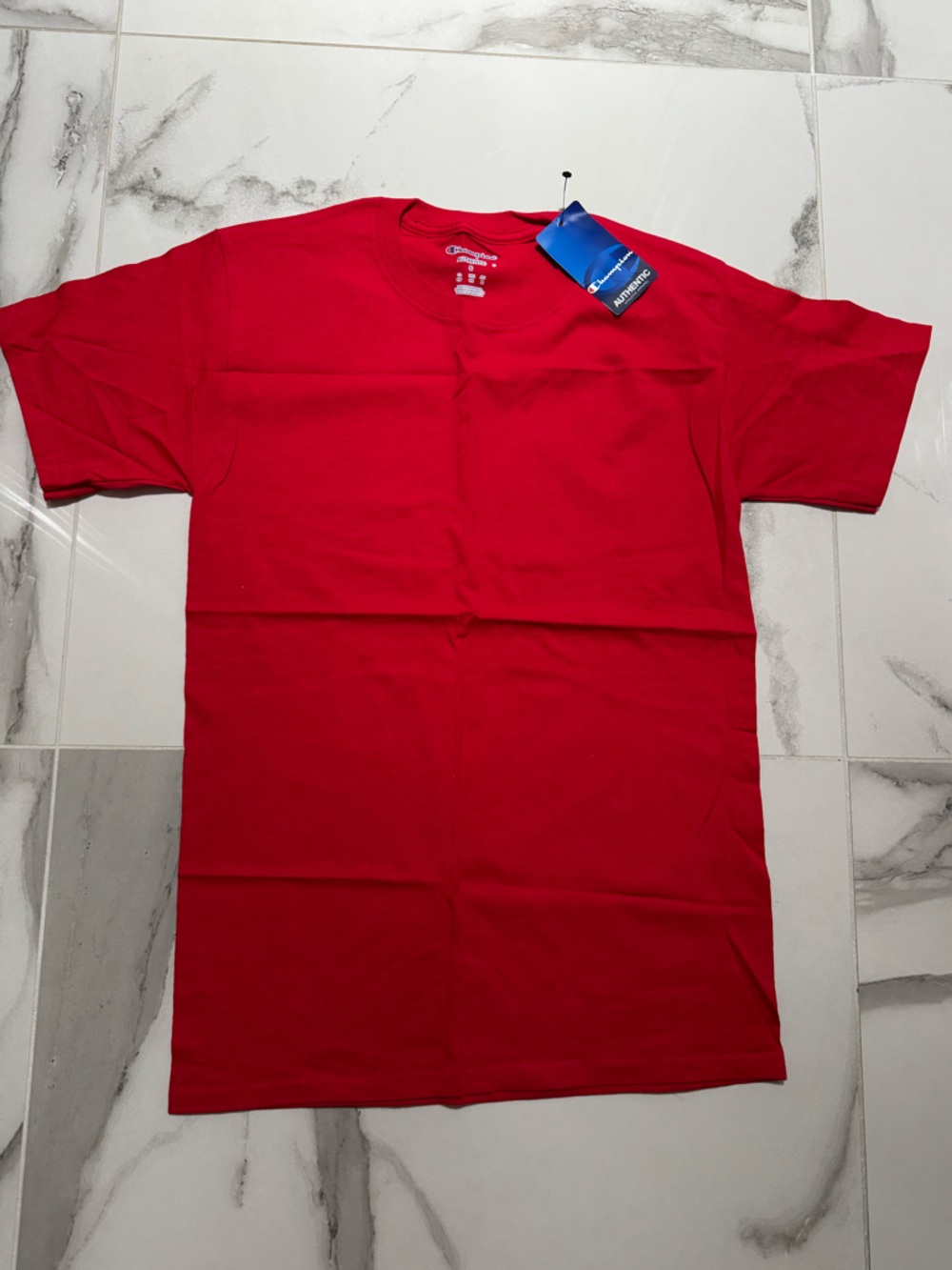 Champion Red Crewneck T-Shirt with logo on sleeve